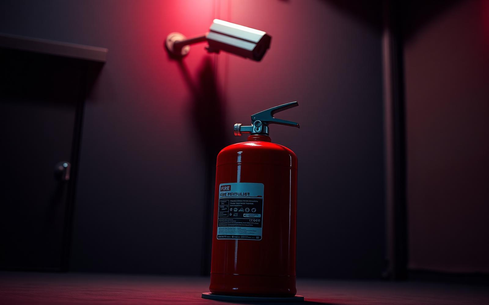 Fire extinguisher and CCTV camera in a dark protected space